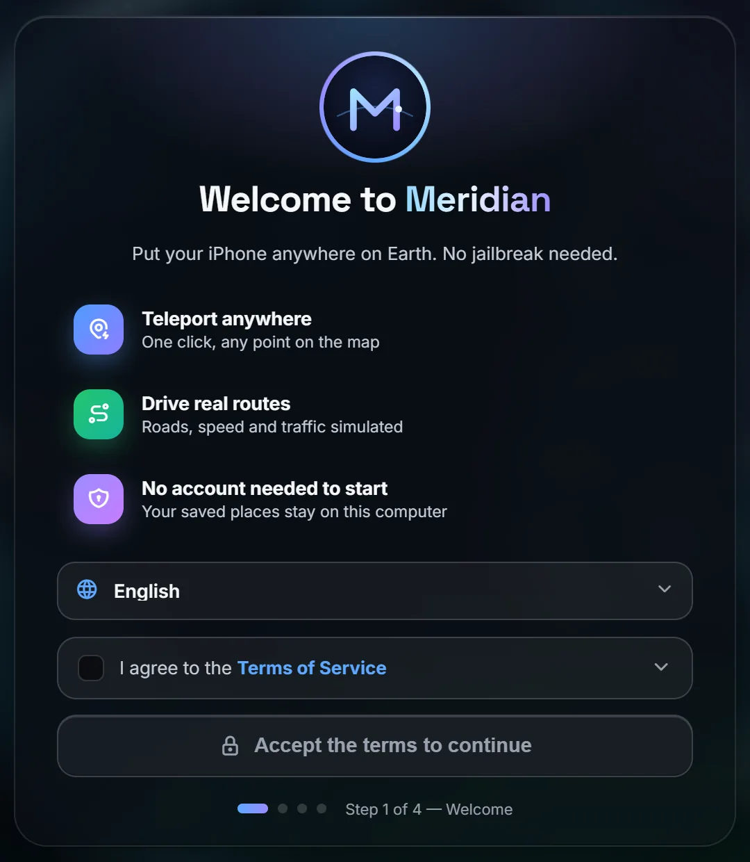 Meridian One's welcome screen: teleport anywhere, drive real routes, no account needed to start